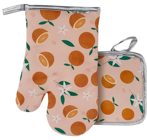 Oven Mitts and Pot Holders,Polyester Heat Resistant Extra Long Oven Gloves & Hot Pads for Cooking BBQ Grilling Baking,Pioneer Woman Kitchen Accessories,Gifts for Women (Orange)