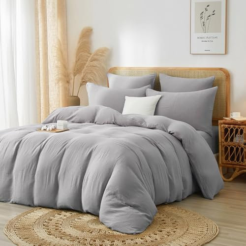Luofanfei Baumwolle Bettwäsche Muslin 135x200 4teilig Grau Hellgrau Renforce Einfarbig Sommer Kühlende Boho Bettwäsche Set Knitterlook Bettbezüge Bügelfrei mit Reißverschluss und Kissenbezüge 80x80