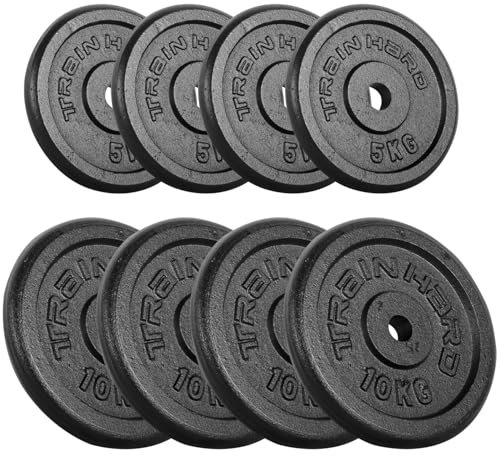 Train Hard® Hantelscheiben Set, 5/10/15/20/30/40/50/60kg,30/31mm Bohrung, Gusseisen, Gewichtsscheiben, Hantelgewichte, Fitness Scheiben (60kg, A:5x4+10x4)