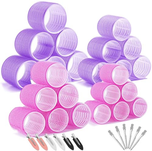 Yolistar 36 Pièces Bigoudis Cheveux Set,Bigoudis Cheveux Auto-adhésifs,Rouleau Cheveux 4 Tailles (64mm/44mm/36mm/25mm) avec 12 Clips,Heatless Curling pour cheveux longs, moyens(Rose et violet)