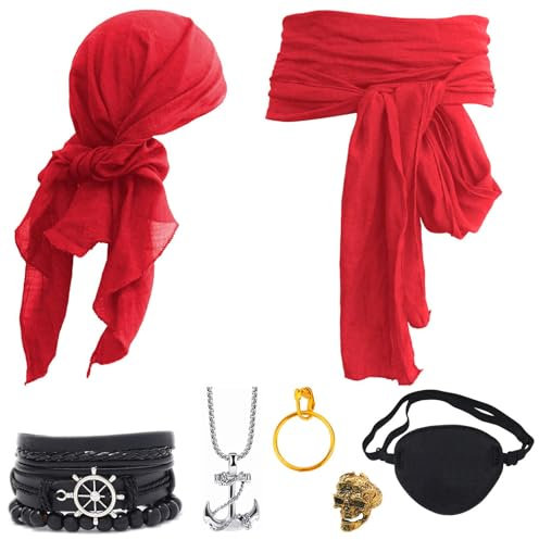 Ginkago Mittelalter Piratenkostüm Zubehör Set Damen Herren Piraten Verkleidung Accessories Kopftuch Augenklappe Ohrringe Halskette Armband Hüfte Tuch für Halloween Cosplay Party (Rot-7PCS)