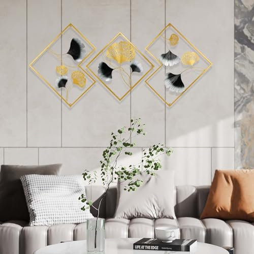 Dokeno Wanddeko, Wandbild Metall mit Ginkgoblätter, Wall Art Dekoration, Metall Wandskulptur, Golden Wandornament, Wandbilder Heimdekoration, Hängen Dekor für Wohnzimmer Schlafzimmer Büro, 164x71CM