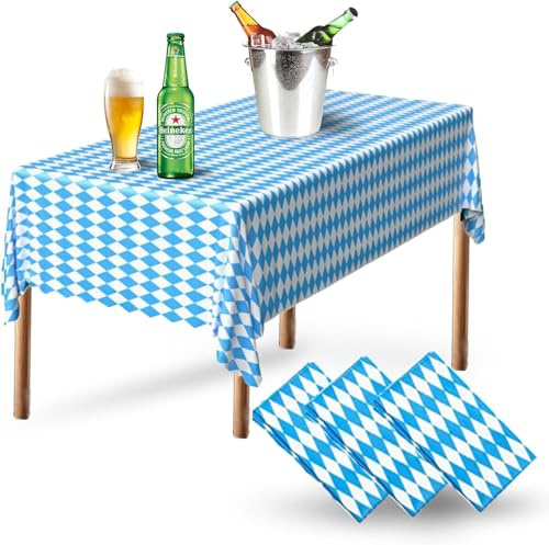 Watproofit 3 Stück Biertisch Tischdecke, bierzeltgarnitur tischdecke, Karierte Tischdecke Blau-Weiß, PVC- Oktoberfest deko Tischdecke für Oktoberfest-Partydekorationen, Wasserdicht Leicht zu Reinigen