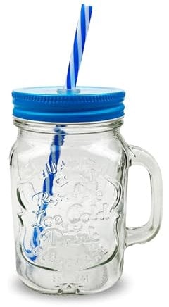 AIBULO 500ml Blue Mason Jar with Lid and Straw – Reusable Glass Tumbler for Iced Coffee, Tea, Bubble Tea, Smoothies, Juices – Leakproof & Durable Drinking Cup for Home, Work, and Travel