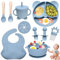 Dazhtu 12 Piezas Vajilla Bebe Silicona, Vajilla de Silicona para Bebés con Ventosa, Plato Bebe Ventosa Platos bebe impermeable, Cubiertos Bebe, Vajilla de aprendizaje para comer destete(Azul)