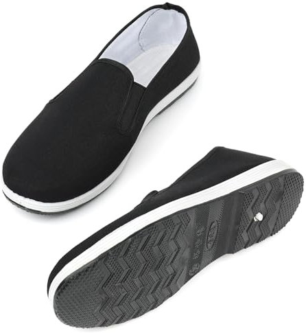 Tai Chi Shoes Chinese Traditional Old Beijing Kung Fu Martial Arts Canvas Footwear for Men/Women, Non-Slip Rubber Sole, Lightweight Durable. Size 43 Black White