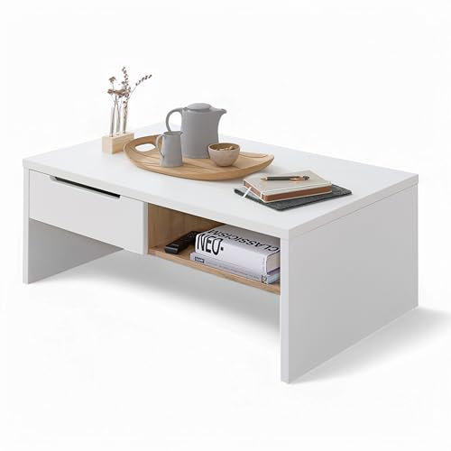 Stella Trading Memphis Vitrine in Weiß, Artisan Eiche Optik - Moderner Vitrinenschrank mit LED-Beleuchtung und viel Stauraum - 75 x 197 x 38 cm (B/H/T)