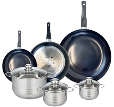 ELO 9745050 Batterie de cuisine 6 pièces, Ensemble de 3 Poêles de cuisson 20, 24 et 32 cm et 3 faitouts 12, 14 et 20 cm Elo Prima Brillant, inox, induction, Noir