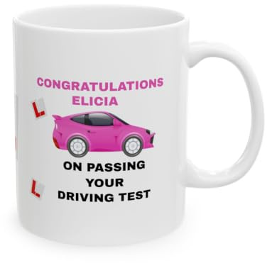 Personalised Driving Test Pass Celebration Ceramic Mug, White with Pink Car Design, Her, She, Congratulations on Passing Your Driving Test, Ripped Up L Plates