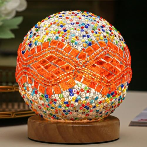 Barock Orange Mosaik Lampe Vintage Retro gefärbt türkisch marokkanisch böhmisch Tiffany Bettseite buntes handgefertigtes Glas mit Holz Basis USB Laden Dekor Licht für Schlafzimmer