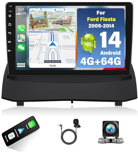 Surakey 4+64G Android 14 Autoradio per Ford Fiesta 2009-2014 con Wireless CarPlay Android Auto 9 Pollici Radio con Bluetooth GPS WiFi Comandi al Volante Microfono+Telecamera di retromarcia