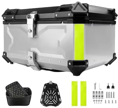 Motorradkoffer Wasserdicht Motorrad Heckbox mit Sicherheitsverschluss Helmaufbewahrung Aluminium für die meisten Motorräder und Maxiscooter (80L, Silber)
