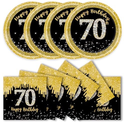 DHAIQC 50 Stück 70. Geburtstag Partygeschirr Set, 70. Geburtstag Partyteller und Servietten Schwarz Gold Pappteller Party Geburtstaggeschirr für Mann Frau Birthday Deko (70th)