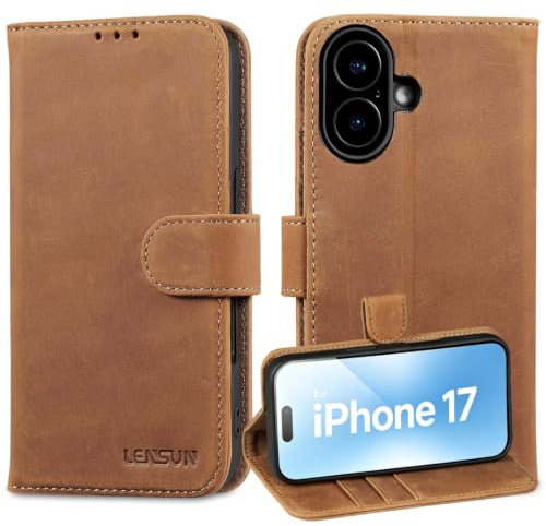 LENSUN Echtleder Hülle für iPhone 17, Standfunktion Tasche - Vintage Braun | Handyhülle Echtes Leder, RFID-Schutz Fach, Stoßfeste Handytasche, Flip Lederhülle, Sicherer Magnetverschluss, Retro Design