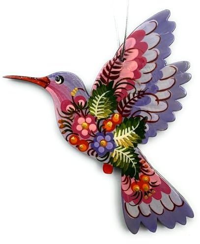 Vögel Christbaumschmuck Kolibri aus Holz 9,5 х 11 х 0,5 cm – Ukrainische Volkskunst, handbemalte Weihnachtsdekoration – Petrykiwka-Malerei.