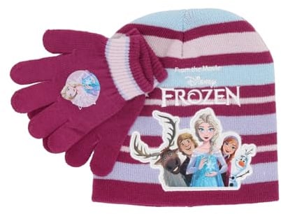 Disney Frozen Elsa Kinder Mütze & Handschuhe Set – Wintermütze für Mädchen, Kopfumfang 53/55, Rosa oder Brombeere