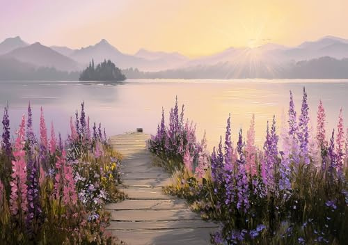 STYLER Leinwandbild Lupine Shore 85x113 cm – Stimmungsvolle Uferlandschaft mit Sonnenaufgang – Sanfte Farben und poetische Ruhe
