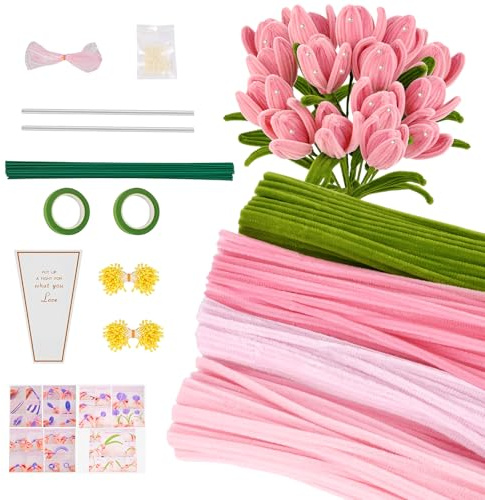 Kuvarix 400 Piezas Limpiapipas Manualidades, 4 Colores de Limpia Pipas, Set de Ramo de Chenilla Flores con Cinta Floral, Alambre, Estambres, etc, para Regalos Artesanales y Decoración del Hogar