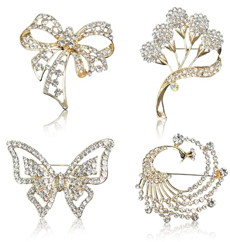 FOSDICK 4 Stück Brosche Damen, Broschen für Kleidung, Gold Broschen Damen mit Strass Elegante Anstecknadeln für Schal Mantel Kleidung Modischer Schmuck Accessoire Hochzeit Geschenk