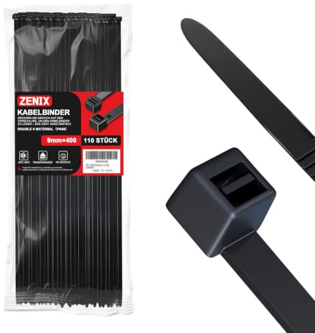 ZENIX Kabelbinder Schwarz 9mm x 400mm, 110 Stück Kabelbinder UV Beständig lang, Schwarze Binder mit 80Kg, Zugfestigkeit Kann für Innen- und Außenbereich, Haushalt, Büro