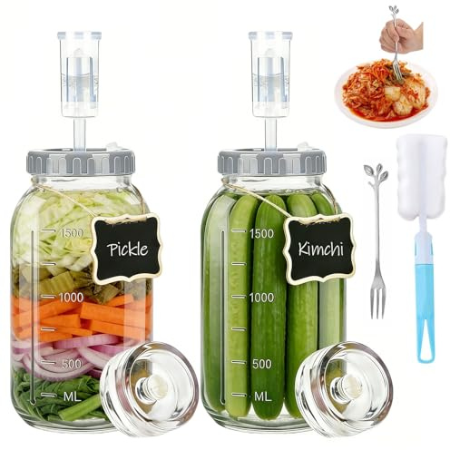 agctrler 2 l fermenteringsglas med luftlås och vikt, gaffel, borste | Konserveringsburkar för surkål, kimchi, pickles, met, cider och mer, diskmaskinssäker, BPA-fri