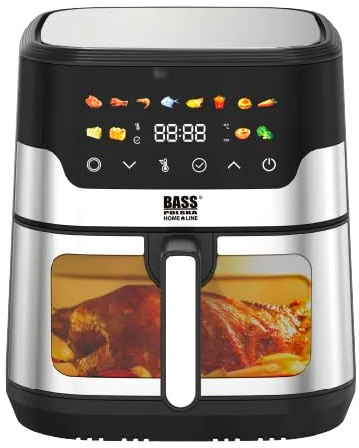 Bass Polska Freidora de aire caliente XXL de 9 L con ventana, 2000 W, panel LED digital, color negro y plateado, freír sin grasa