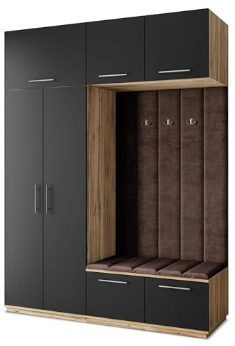 Masseno Flugarderoben Set Rema, Kleiderschrank-Set mit Sitzbank, Garderobenschrank Flur mit 5 Regalböden, Eiche Wotan/Schwarz
