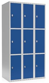 kaiserkraft | 3er-Schließfachschrank Fydor | 3 Abteile | lichtGrau/Enzianblau | B 900 mm | Flache Dachform | Vorhängeschloss