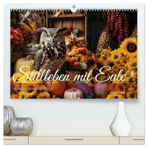Stillleben mit Eule (hochwertiger Premium Wandkalender 2026 DIN A2 quer), Kunstdruck in Hochglanz: Das Genre des Stilllebens mit Früchten, Blumen und ... künstlicher Intelligenz. (CALVENDO Tiere)