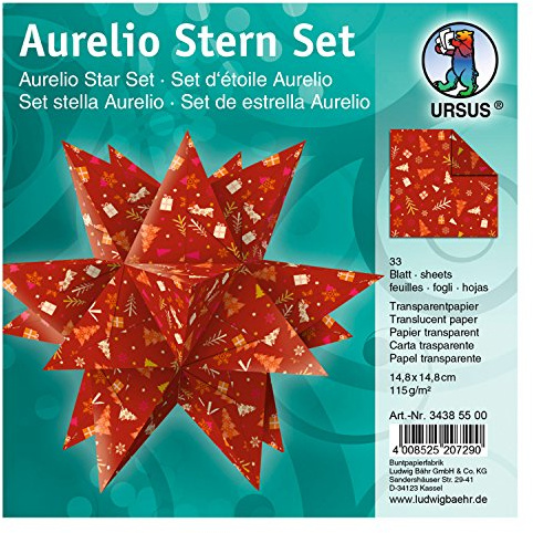 Ursus 34385500 - Faltblätter Aurelio Stern Winterzauber, rot / orange, 33 Blatt, aus Transpatentpapier 115 g/qm, ca. 14,8 x 14,8 cm, einseitig bedruckt, ideal als Weihnachtsdeko