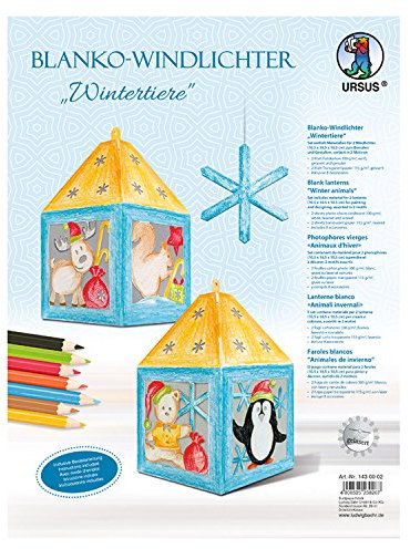 Ursus 1430002 - Windlichter blanco, Wintertiere, hochweiß, ca. 10,5 x 18,5 x 10,5 cm, 2 Stück, gelasert und genutet, aus Fotokarton, mit Bastelanleitung, für Jungen und Mädchen, ideal als Tischdeko
