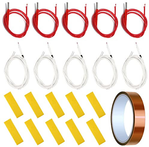 Youmile 5 Pcs 24V 40W 620 Ceramic Cartridge Heater 1m/3.3ft Wire for 3D Printer with 5 Pcs 100K ohm NTC 3950 Thermistor, High Temp Tape, 10 Pcs Heating Block Cotton