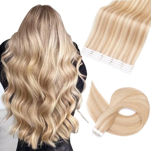 TESS Tape Extensions Echthaar #18P613-Goldblond/Lichtblond 50 cm Klebeband Haarverlängerung 20er Pack Glatt Remy Tape in Hair Extensions für Haarverdichtung (20 Tressen #18/613-Goldblond/Lichtblond)