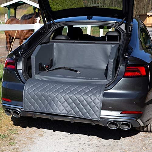 CopcoPet - Travel Bed Hundebett für Kofferraum 100x90x38cm Kunstleder - Kofferraumschutz Hund wasserabweisend & Kratzfest - Hundebett Auto Anschnallsystem & Schutzdecke - Reisebett Hund Grau