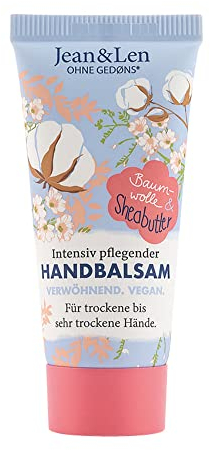 Jean & Len bálsamo de manos algodón y manteca de karité, cuidado de manos para manos secas a muy secas, nutre intensamente y es particularmente suave, sin parabenos ni siliconas, vegano, 20 ml