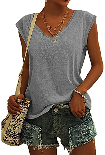 KOG Bluse Damen Elegant Ärmellose T-Shirt Shirt Casual Weiß Oberteile mit Flügelärmeln Frauen Schwarz Kleidung Frau Grau Sommer Shirts Top Damen V-Ausschnitte Tshirt Klamotten Grau M