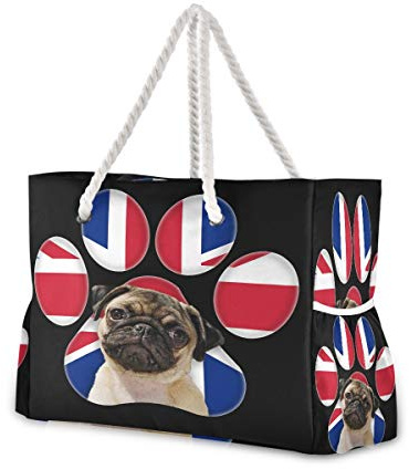 Mnsruu Einkaufstasche mit Mops-Motiv, Motiv: Union Jack, große Tasche mit Seilgriffen, für Einkäufe, Reisen, im Freien