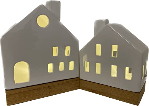 khevga Weihnachtsdekoration Haus Teelicht LED aus Keramik 2er Set Weiß