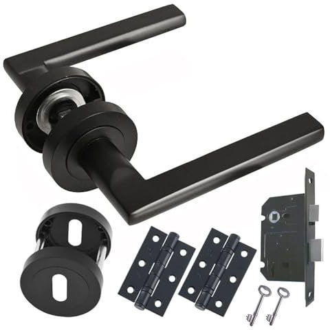 HANDLESTORE Straight Lever on Rose Door Handle - Matt Black Door Handles - Latch, Lock or Bathroom (Lock Pack)