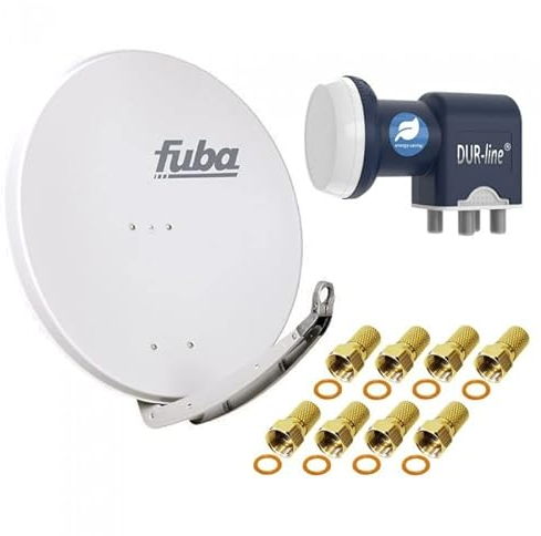Satellitenschüssel Komplettset 4 Teilnehmer - Stromspar-Set | Fuba DAA 850 G Satellitenschüssel 85cm Alu hellgrau + DUR-line Blue Eco Quad LNB 4 Teilnehmer (stromsparend, DVB-S2, HDTV, UHD 4K/8K, 3D)