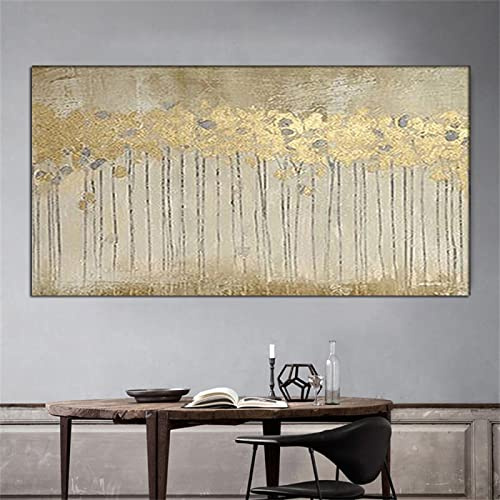 Grande Taille Chambre Encadrée Mur Art Moderne Rétro Peintures À L'huile Sur Toile Beige Gris Or Arbre Photos Pour Salon 75x150cm(30x59in) Avec Cadre