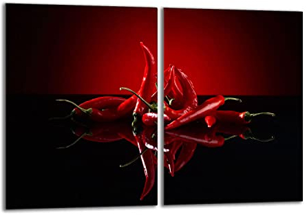 Herdabdeckplatten Set 2x40x52 cm Ceranfeld Abdeckung Glas Spritzschutz Abdeckplatte Glasplatte Herd Ceranfeldabdeckung Deko, Chilli Rot