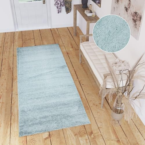 TAPISO Delhi Teppich Läufer Hochflor Shaggy Einfarbig Weich Flauschig Hellblau Design Modern Wohnzimmer Schlafzimmer Flur 80 x 300 cm
