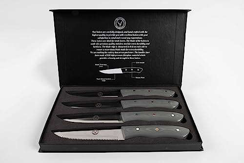 CUTTHRU Steak Knives-Set of 4, 5 inch Serated Razor Sharp Blade Edge, Croasion Resistant, Vivid and Smooth Polished Blade, Full Tang Handle