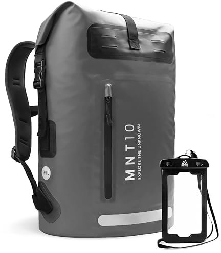 MNT10 Wasserdichter Rucksack mit vertikaler Vordertasche 35L & 55L | Rückseite mit EVA-Polsterung | Innenfach mit Reißverschlusstasche und Schlüsselhalter | inklusive Handyhülle (Grey, 35L)