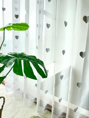 Devola Gardine mit Glanzdruck Transparent Vorhänge Voile Gardinenschal Wohnzimmer Gardinen Sterne Kinderzimmer Schiebevorhänge Modern HxB 175x140cm Herzmuster mit Schlaufen 1 Stück