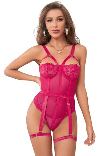 comeondear Sexy Lingerie Set with Wide Garter Belt for Women Mesh Teddy Bodysuit Plus Size Suspenders Lingerie Set with Thigh Cuffs Rose red 12 14