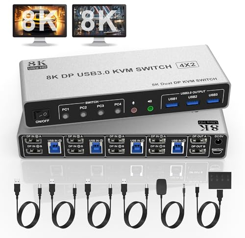 8K@60Hz Displayport USB 3.0 KVM Switch 2 monitores para 4 ordenadores 8K @ 60Hz 4K @ 144Hz, DP1.4 Dual Monitor Displayport KVM Switch 4 puertos con salida de audio y 3 USB 3.0, 8K DP Monitor Switch