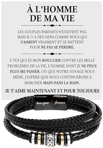 Bracelet pour homme en cuir tressé avec acier inoxydable Homme De Ma Vie Idées cadeaux pour lui Noël Anniversaire - Coffret cadeau avec DÉDICACE incluse (B - Homme De Ma Vie)