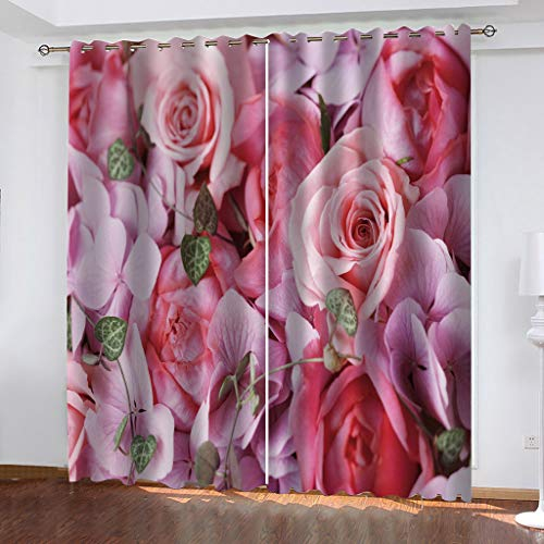 Vorhang Blickdicht Mit Ösen 2Er Set 3D Rosa Rosenblume Muster Verdunkelungsvorhang, Schallschutz Vorhänge Kinderzimmer Junge Mädchen, Thermogardine Fensterdekoration